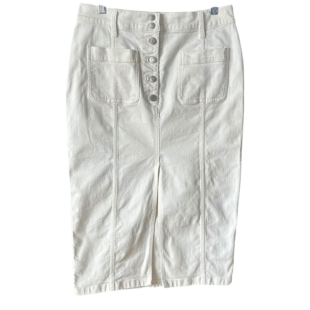 Madewell Tile White Denim Button Front Midi Skirt with Patch Pockets Size 29